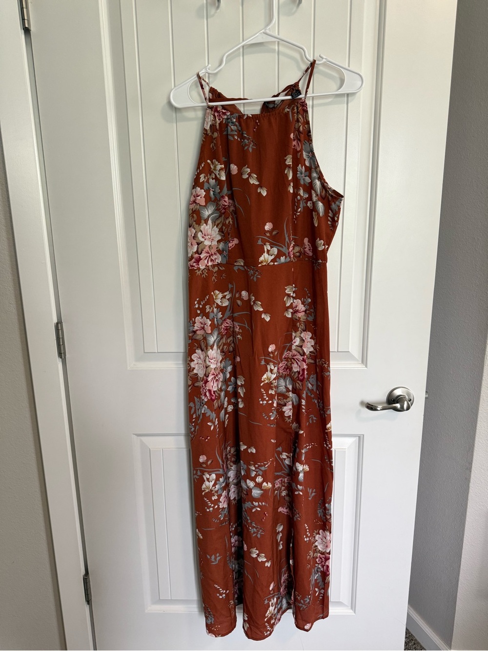 SHEIN Rust Floral Maxi Dress with Pink & Cream Blooms